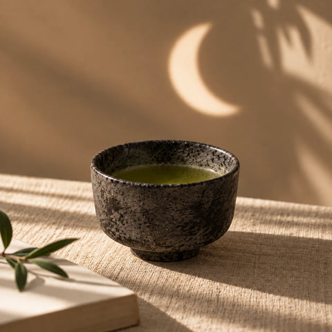 A dark speckled ceramic tea bowl filled with green tea, set on a textured beige fabric surface with warm sunlight and leaf shadows cast across the scene.