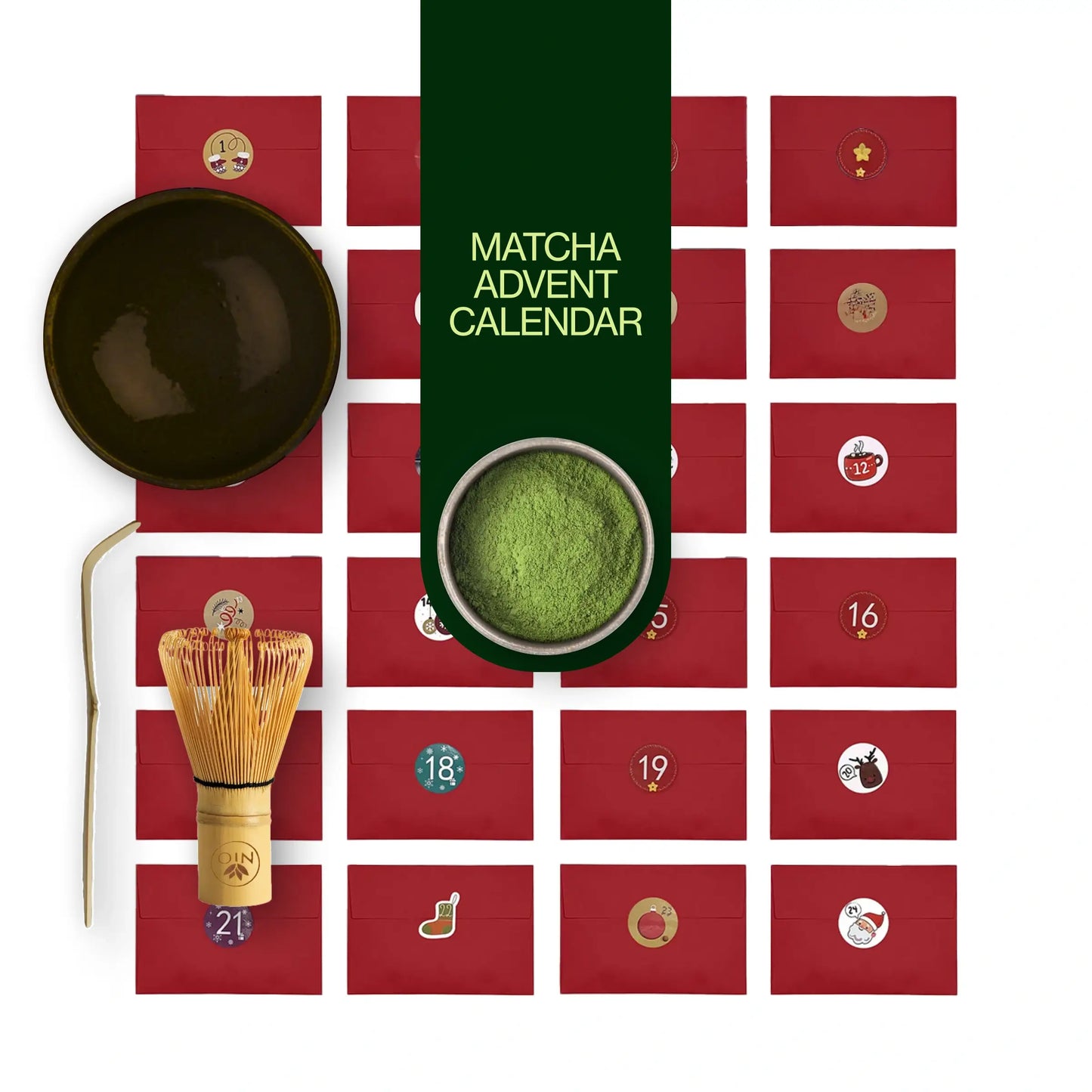 Matcha-Adventskalender 2025 mit Besen, Chawan und Chashaku