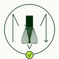 A dark green line icon showing a whisk with motion arrows and a check mark inside a circle, likely indicating a correct or standard usage or shape detail.