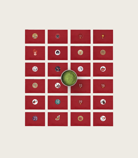 An advent-style gift set layout on a light warm gray background, showing a grid of red square envelopes or cards with small illustrated icons, plus several red envelopes and a green patterned card with a circular seal.