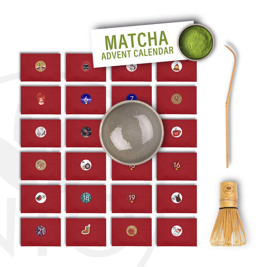 Matcha-Tee-Adventskalender 2023 mit Schneebesen, Chawan und Chashaku